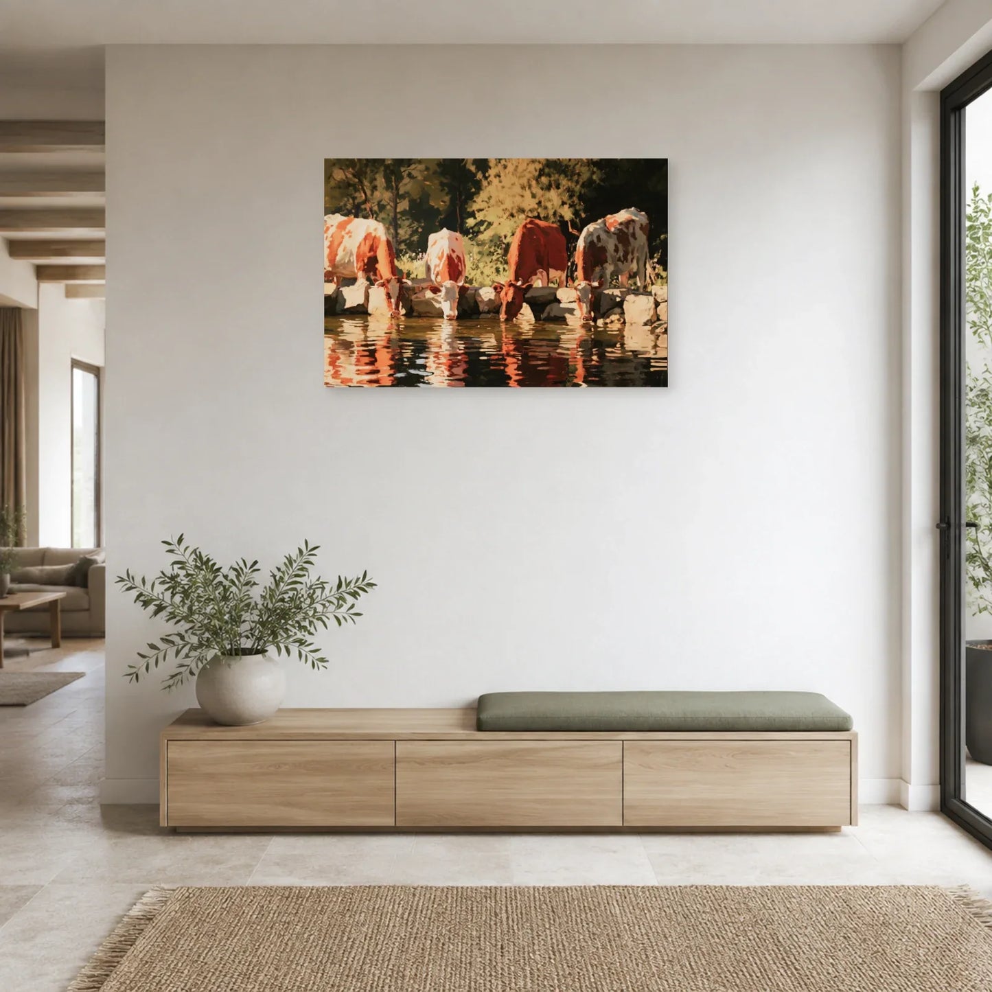 Tableau Vaches à l’Abreuvoir présenté dans une entrée - Art Virtuoso