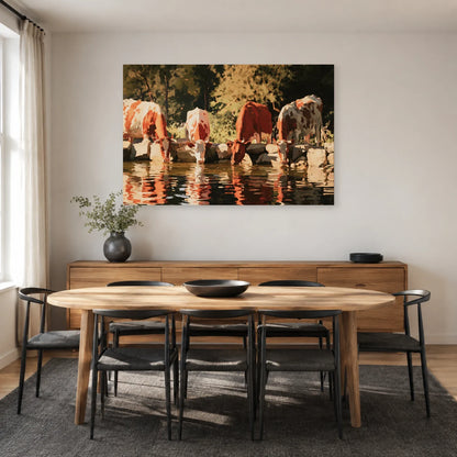 Tableau Vaches à l’Abreuvoir présenté dans une salle à manger - Art Virtuoso