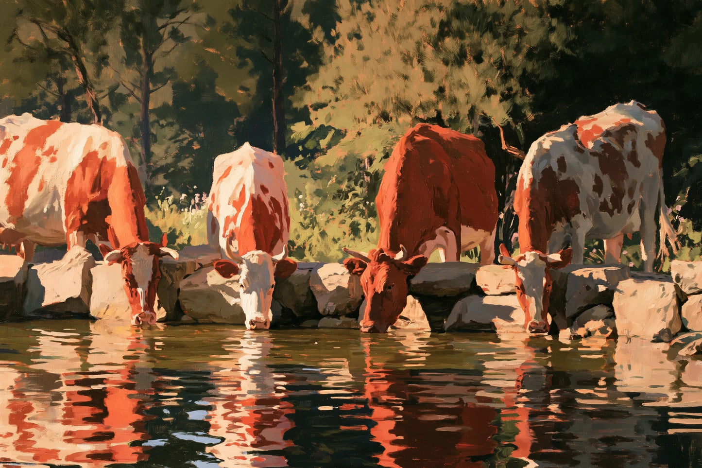 Tableau Vaches à l’Abreuvoir, plusieurs vaches alignées au bord de l’eau avec leurs reflets fragmentés, format S - Art Virtuoso