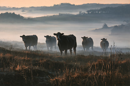 Tableau Vaches dans la Brume, sept silhouettes bovines apparaissant par strates dans une brume matinale, format M - Art Virtuoso