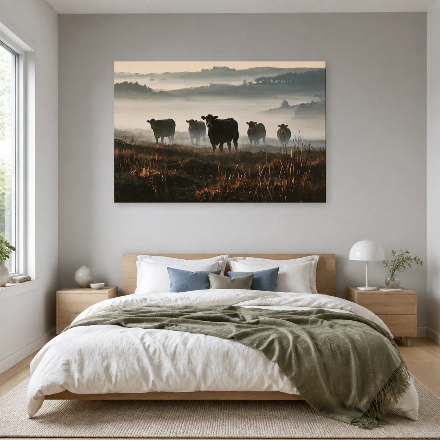 Tableau Vaches dans la Brume présenté dans une chambre - Art Virtuoso