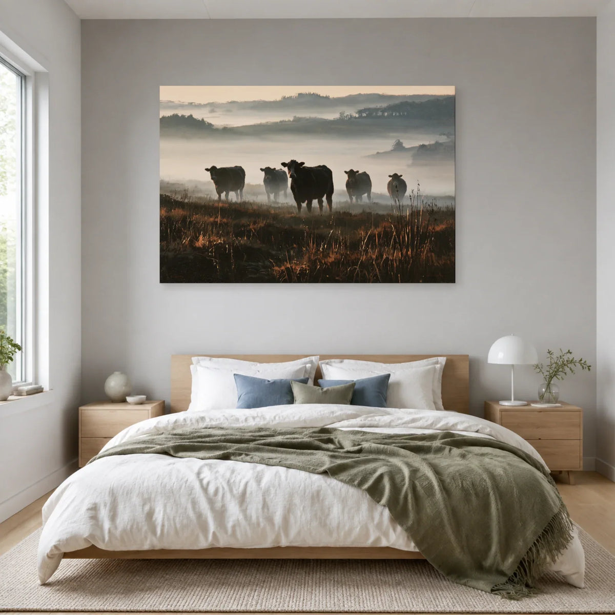 Tableau Vaches dans la Brume présenté dans une chambre - Art Virtuoso