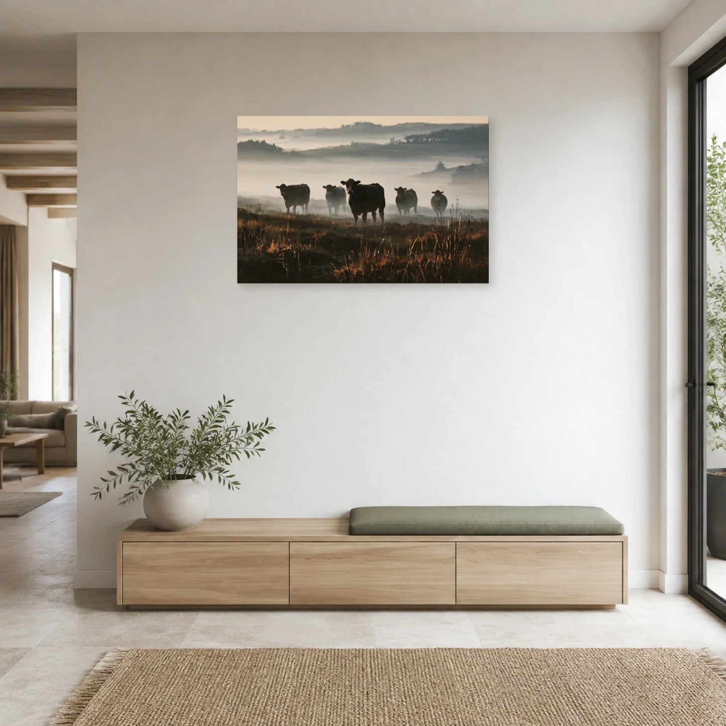 Tableau Vaches dans la Brume présenté dans une entrée - Art Virtuoso