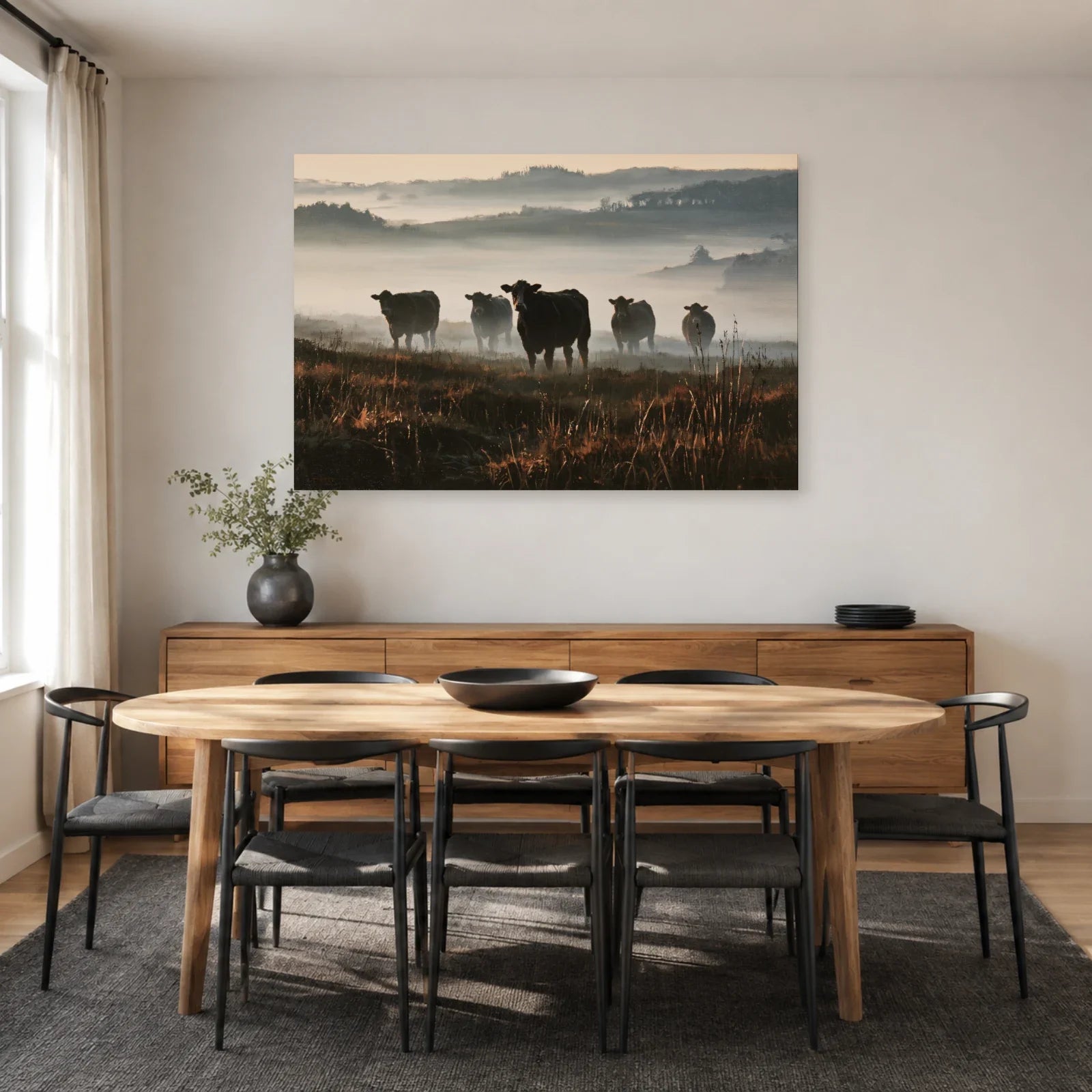 Tableau Vaches dans la Brume présenté dans une salle à manger - Art Virtuoso