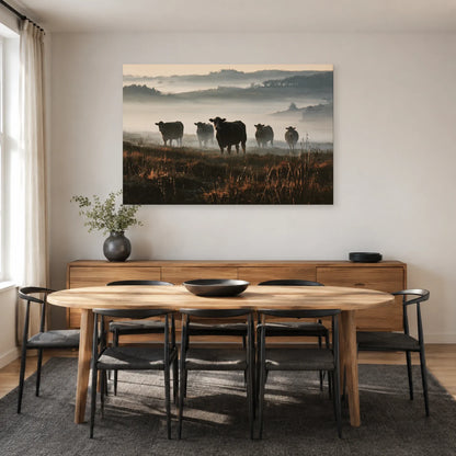 Tableau Vaches dans la Brume présenté dans une salle à manger - Art Virtuoso