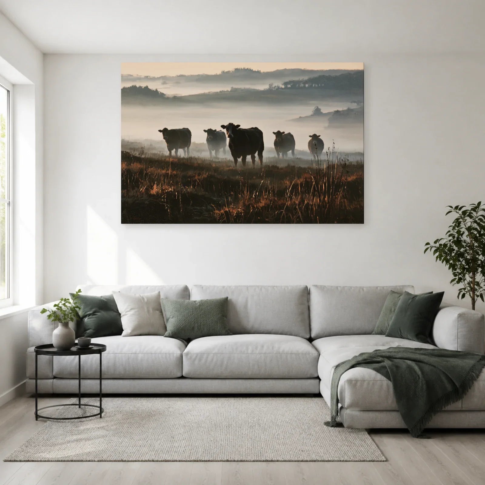 Tableau Vaches dans la Brume présenté dans un salon - Art Virtuoso