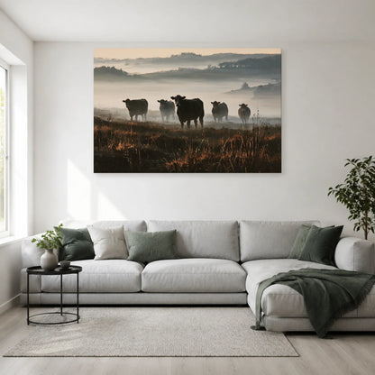 Tableau Vaches dans la Brume présenté dans un salon - Art Virtuoso