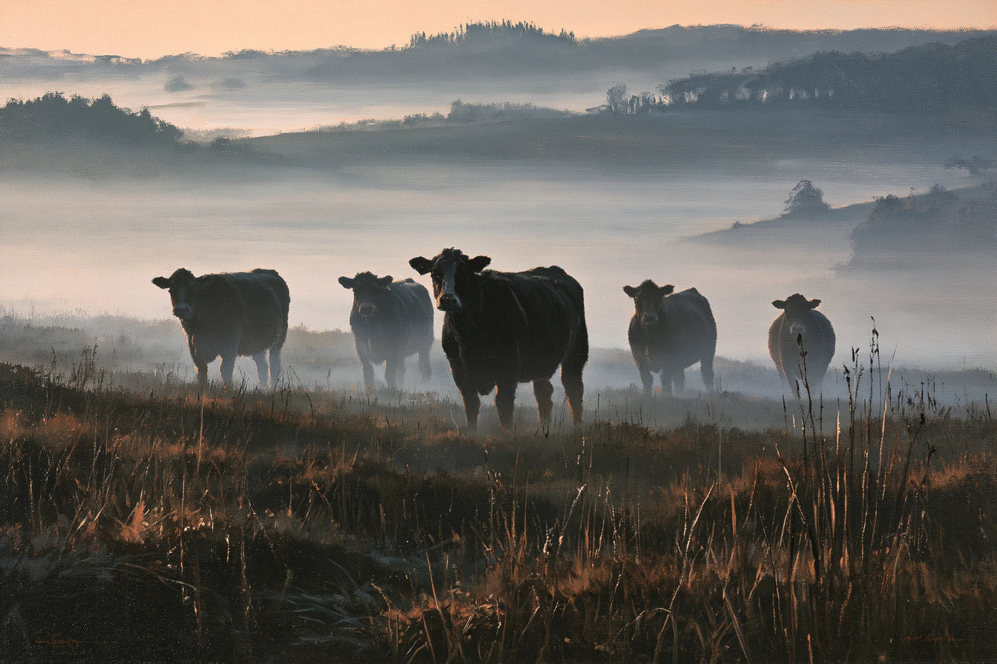 Tableau Vaches dans la Brume, sept silhouettes bovines apparaissant par strates dans une brume matinale, format S - Art Virtuoso