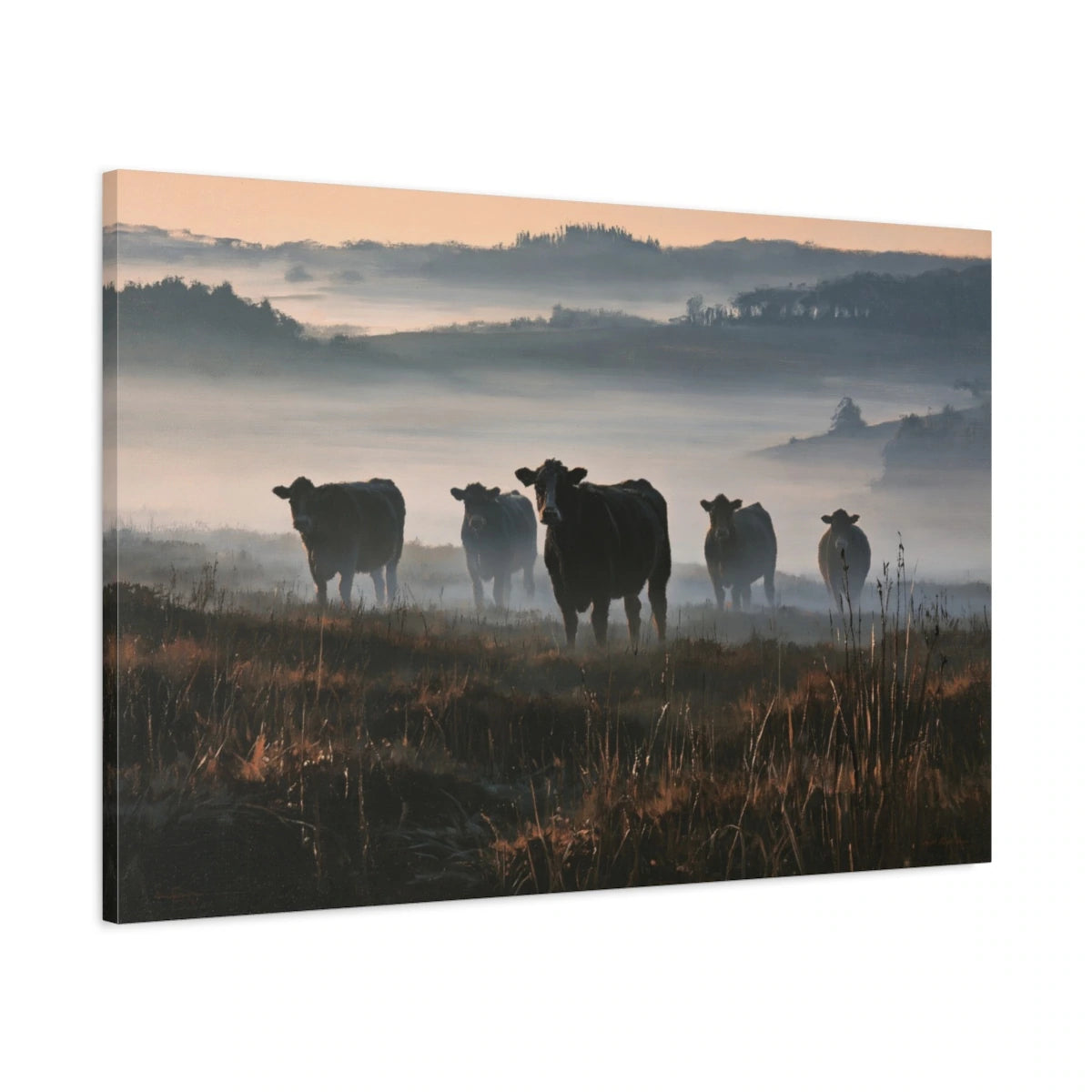 Tableau Vaches dans la Brume, vue latérale de la toile avec bords imprimés - Art Virtuoso