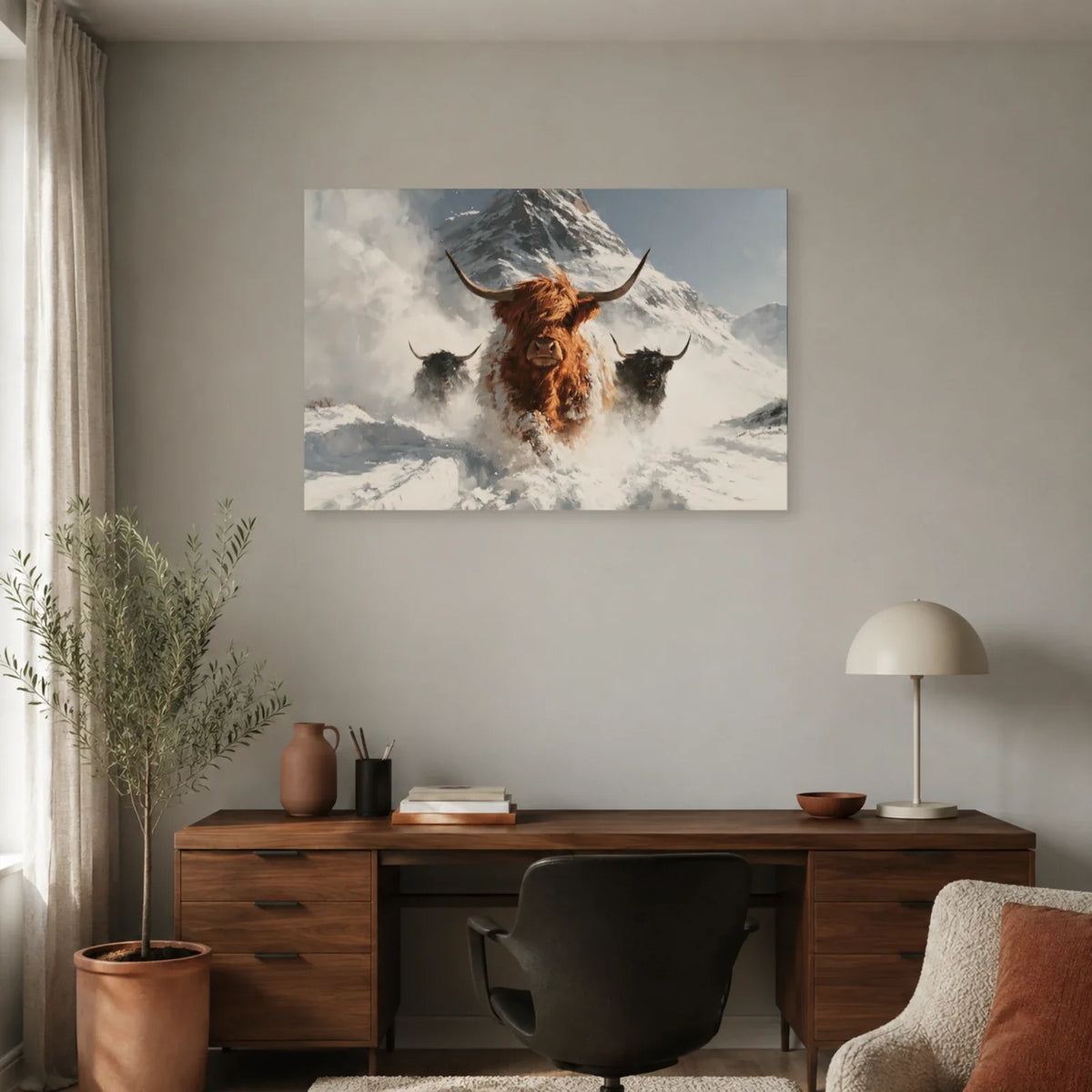 Tableau Vaches Highland dans la Neige présenté dans un bureau - Art Virtuoso