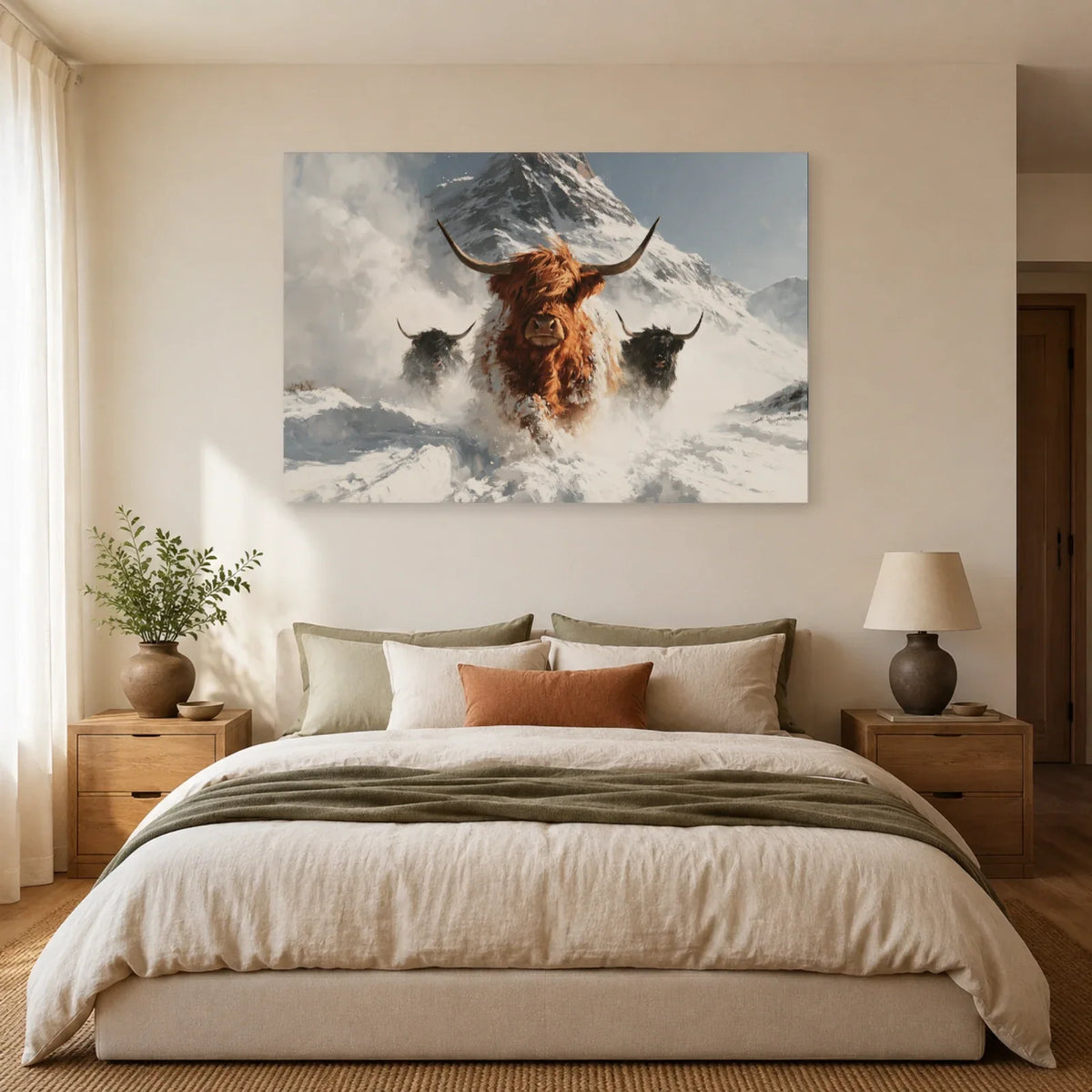 Tableau Vaches Highland dans la Neige présenté dans une chambre - Art Virtuoso