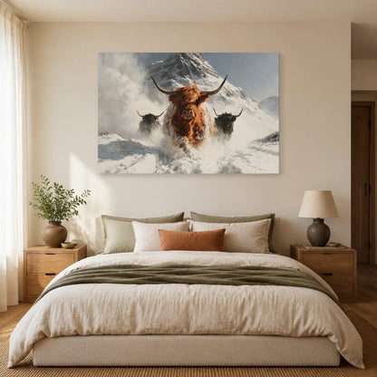 Tableau Vaches Highland dans la Neige présenté dans une chambre - Art Virtuoso