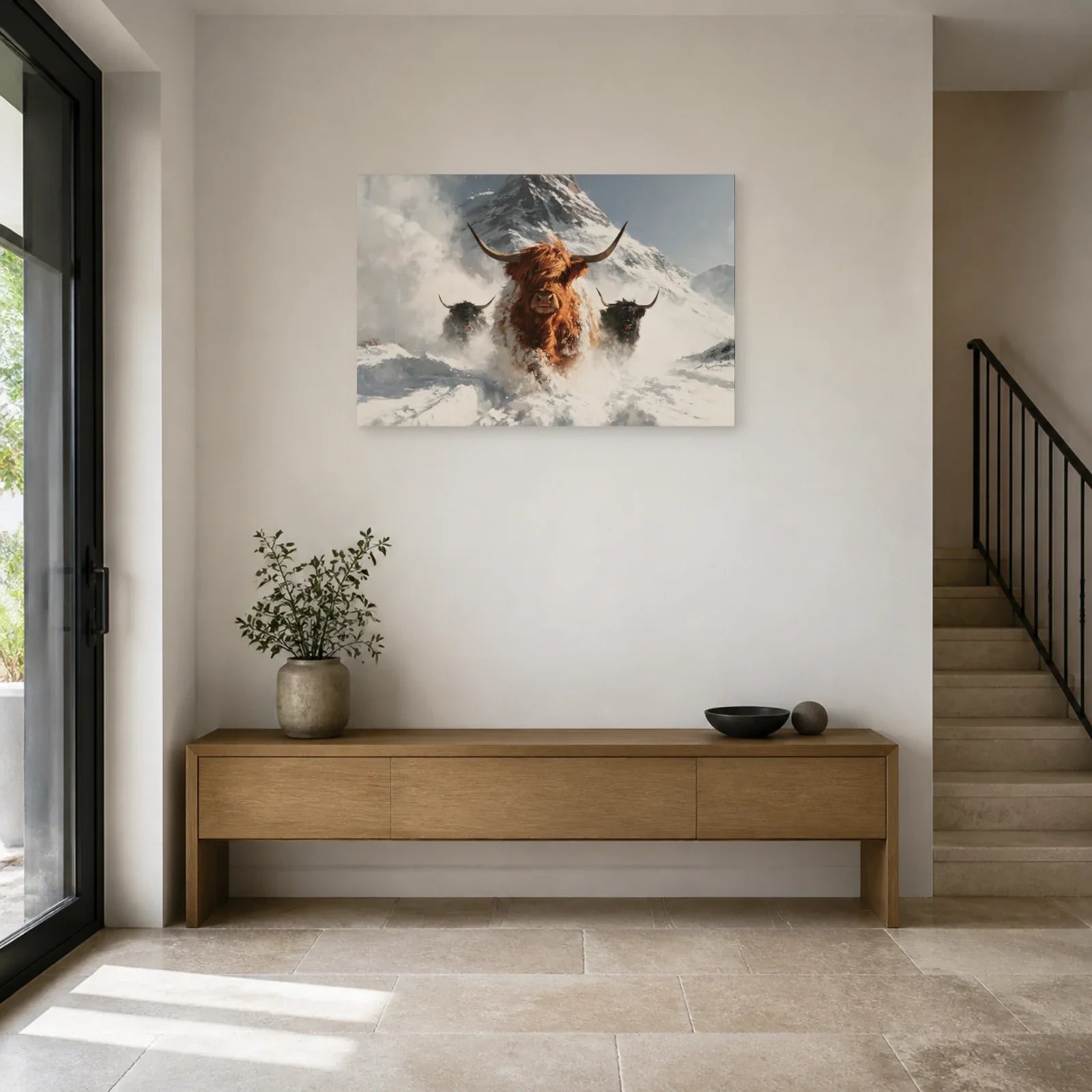 Tableau Vaches Highland dans la Neige présenté dans une entrée - Art Virtuoso