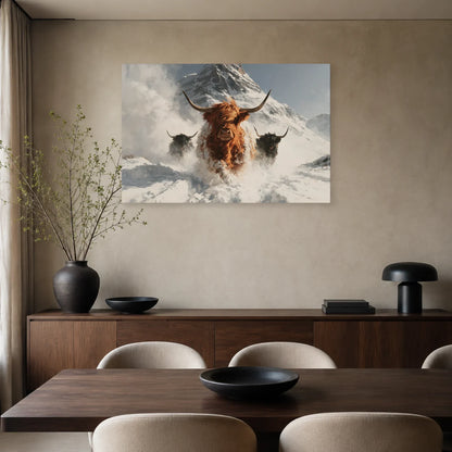 Tableau Vaches Highland dans la Neige présenté dans une salle à manger - Art Virtuoso