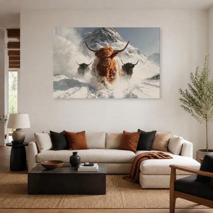 Tableau Vaches Highland dans la Neige présenté dans un salon - Art Virtuoso