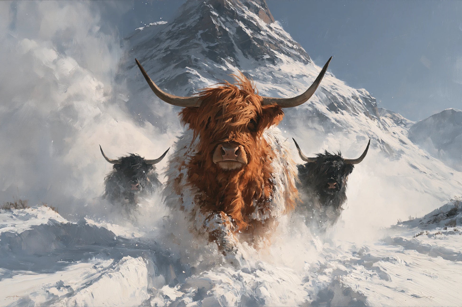 Tableau Vaches Highland dans la Neige, trois Highland traversant une étendue enneigée devant une ligne de montagnes, format S - Art Virtuoso