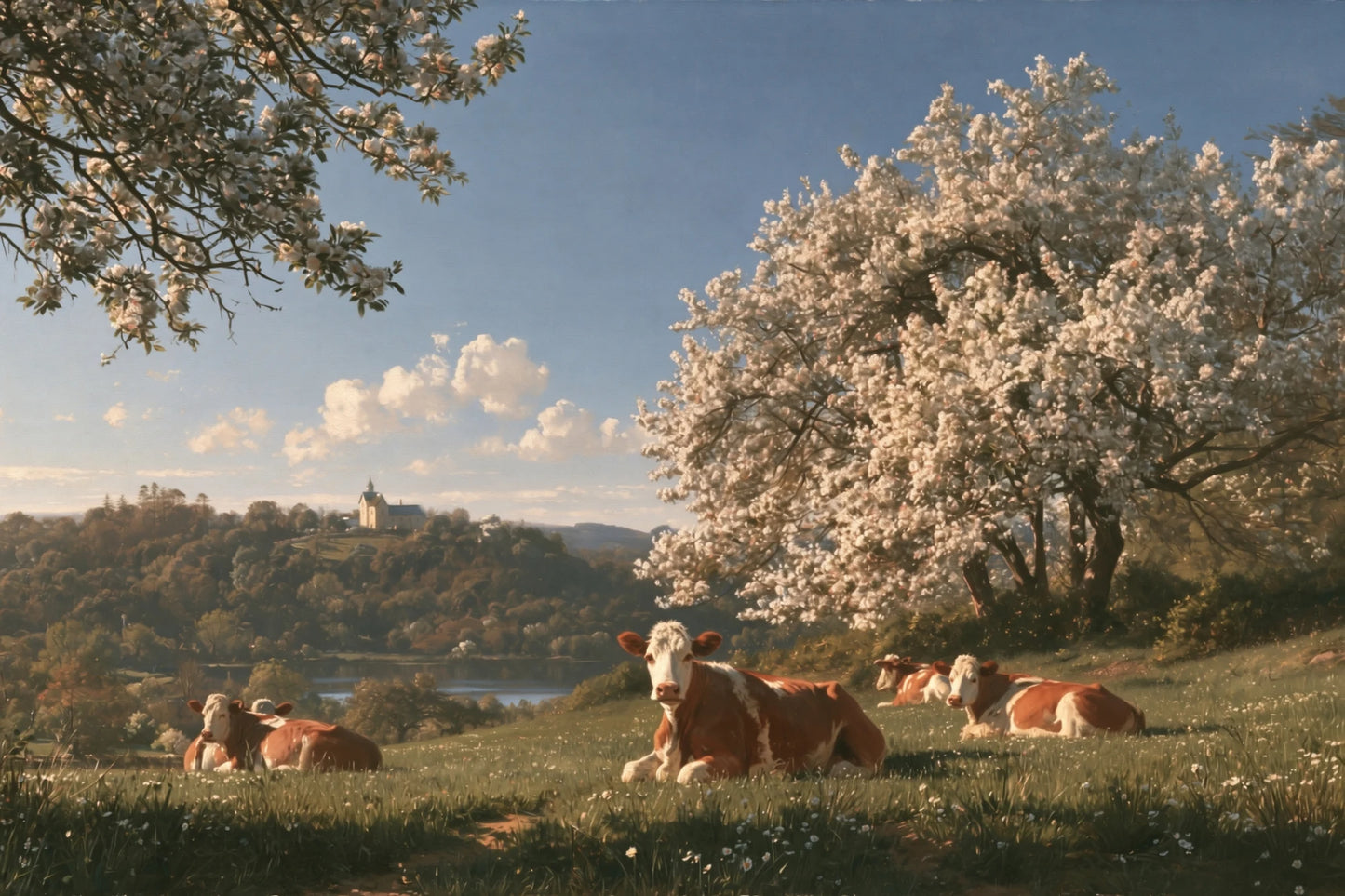 Tableau Vaches Normandes sous les Pommiers, cinq vaches normandes au repos dans un verger en fleurs, format M - Art Virtuoso