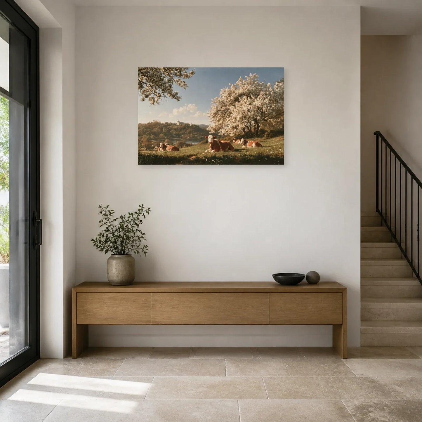 Tableau Vaches Normandes sous les Pommiers présenté dans une entrée - Art Virtuoso