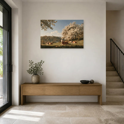 Tableau Vaches Normandes sous les Pommiers présenté dans une entrée - Art Virtuoso