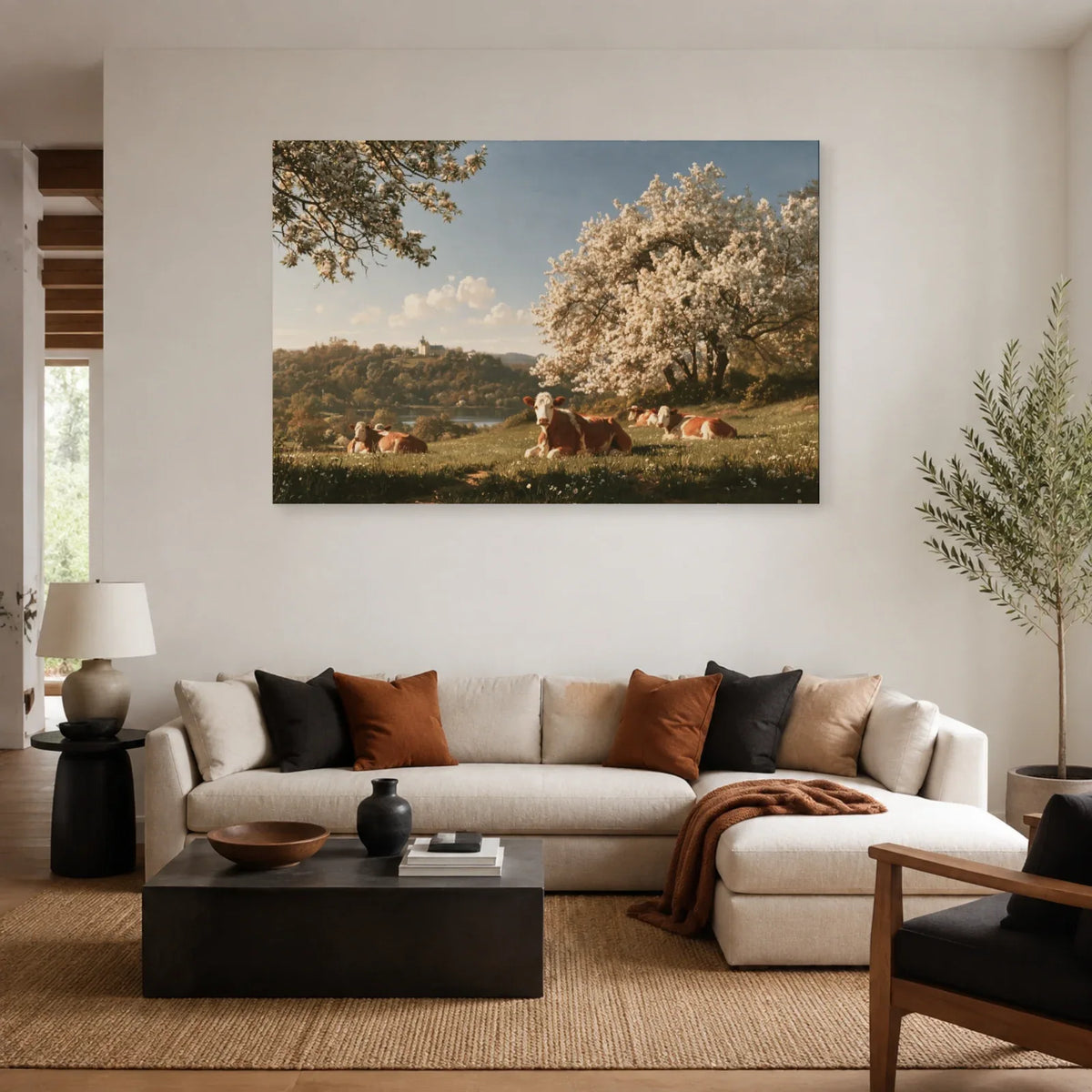 Tableau Vaches Normandes sous les Pommiers présenté dans un salon - Art Virtuoso
