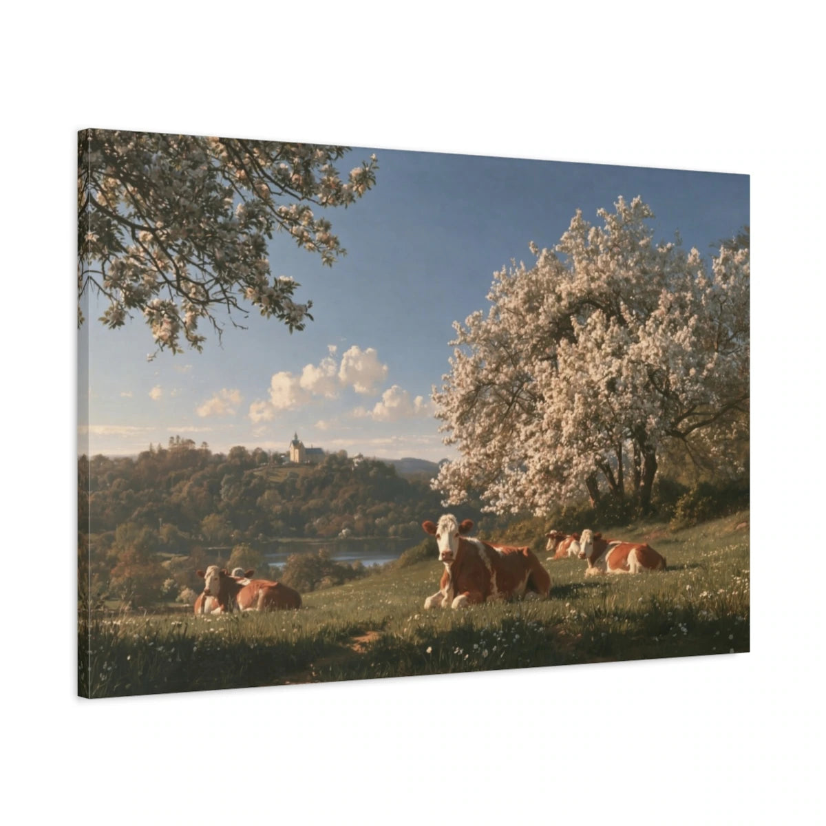 Tableau Vaches Normandes sous les Pommiers, vue latérale de la toile avec bords imprimés - Art Virtuoso