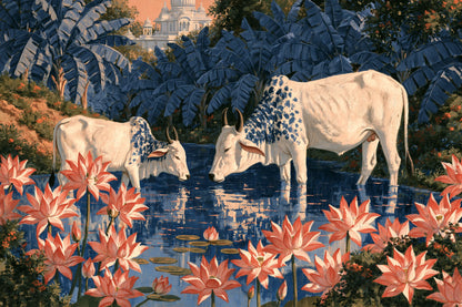 Tableau Vaches Pichwai aux Lotus, deux vaches blanches dans un jardin indien rythmé par les lotus, format M - Art Virtuoso