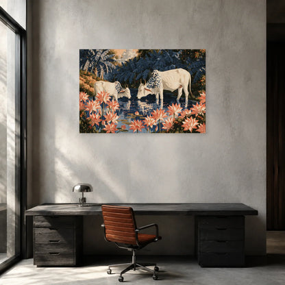Tableau Vaches Pichwai aux Lotus présenté dans un bureau - Art Virtuoso