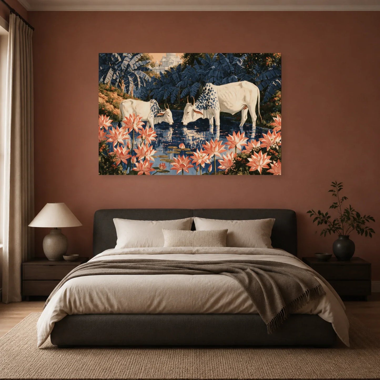Tableau Vaches Pichwai aux Lotus présenté dans une chambre - Art Virtuoso