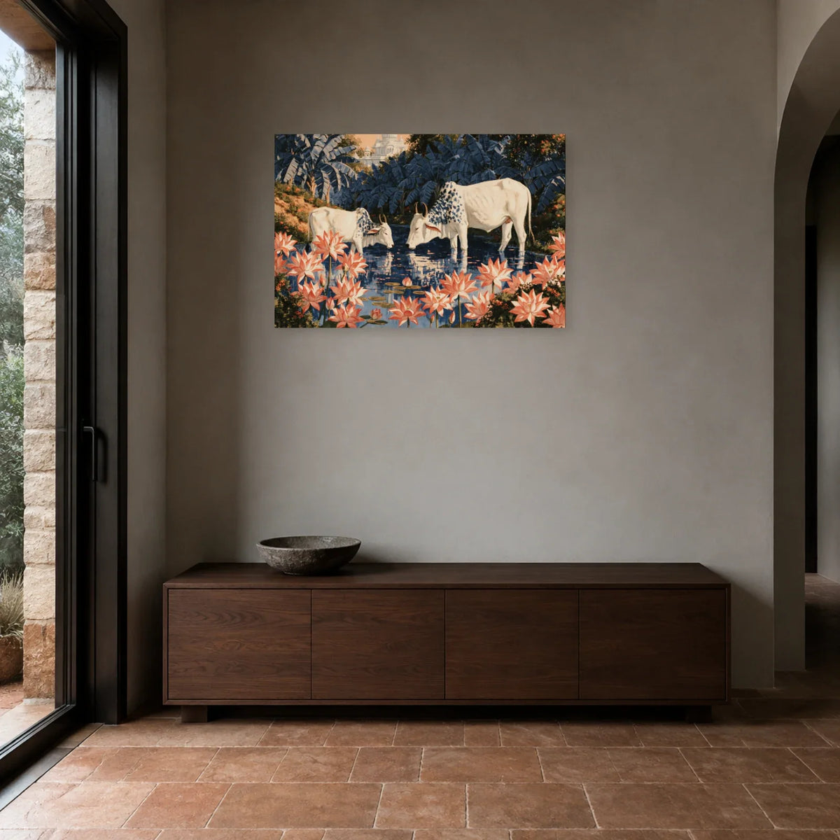 Tableau Vaches Pichwai aux Lotus présenté dans une entrée - Art Virtuoso
