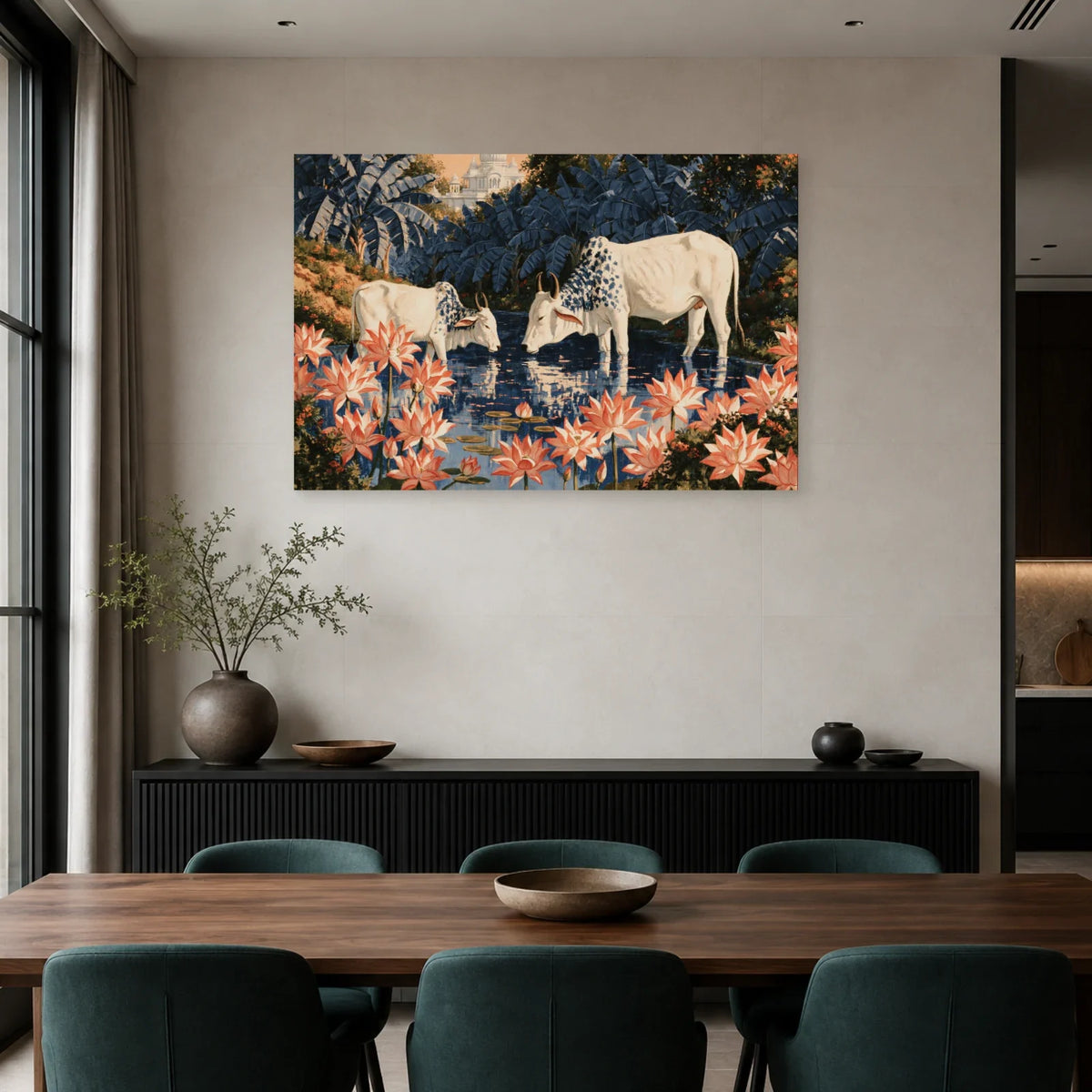 Tableau Vaches Pichwai aux Lotus présenté dans une salle à manger - Art Virtuoso
