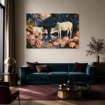 Tableau Vaches Pichwai aux Lotus présenté dans un salon - Art Virtuoso