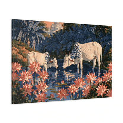 Tableau Vaches Pichwai aux Lotus, vue latérale de la toile avec bords imprimés - Art Virtuoso