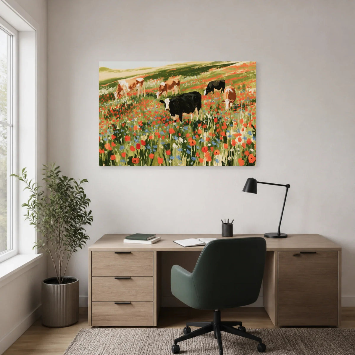 Tableau Vaches dans une Prairie Fleurie présenté dans un bureau - Art Virtuoso