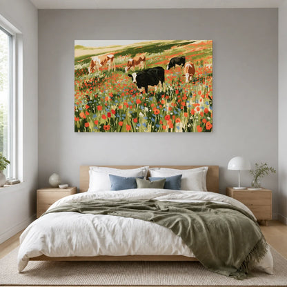 Tableau Vaches dans une Prairie Fleurie présenté dans une chambre - Art Virtuoso