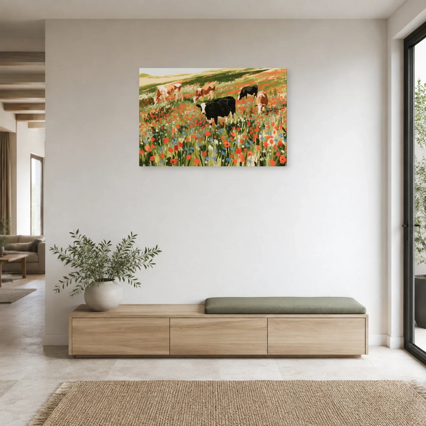 Tableau Vaches dans une Prairie Fleurie présenté dans une entrée - Art Virtuoso