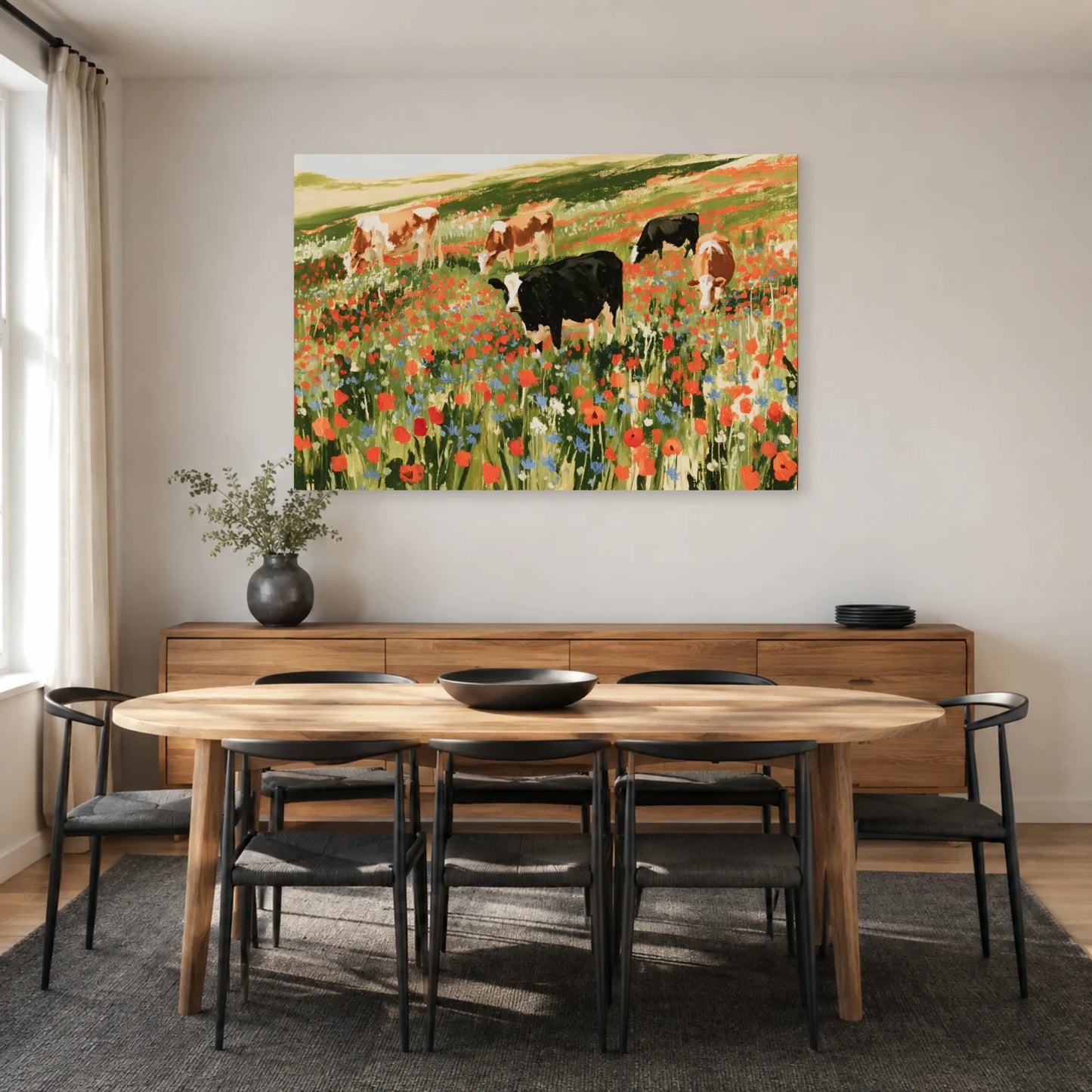 Tableau Vaches dans une Prairie Fleurie présenté dans une salle à manger - Art Virtuoso