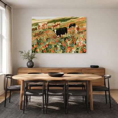Tableau Vaches dans une Prairie Fleurie présenté dans une salle à manger - Art Virtuoso
