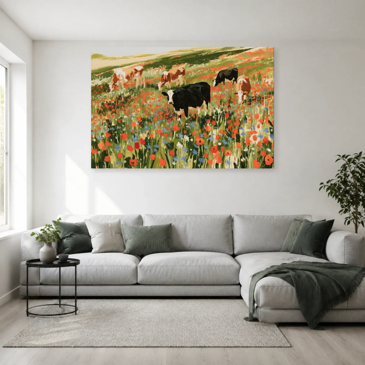 Tableau Vaches dans une Prairie Fleurie présenté dans un salon - Art Virtuoso