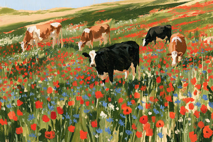 Tableau Vaches dans une Prairie Fleurie, des vaches noires, blanches et rousses au milieu d’un tapis de fleurs sauvages, format S - Art Virtuoso