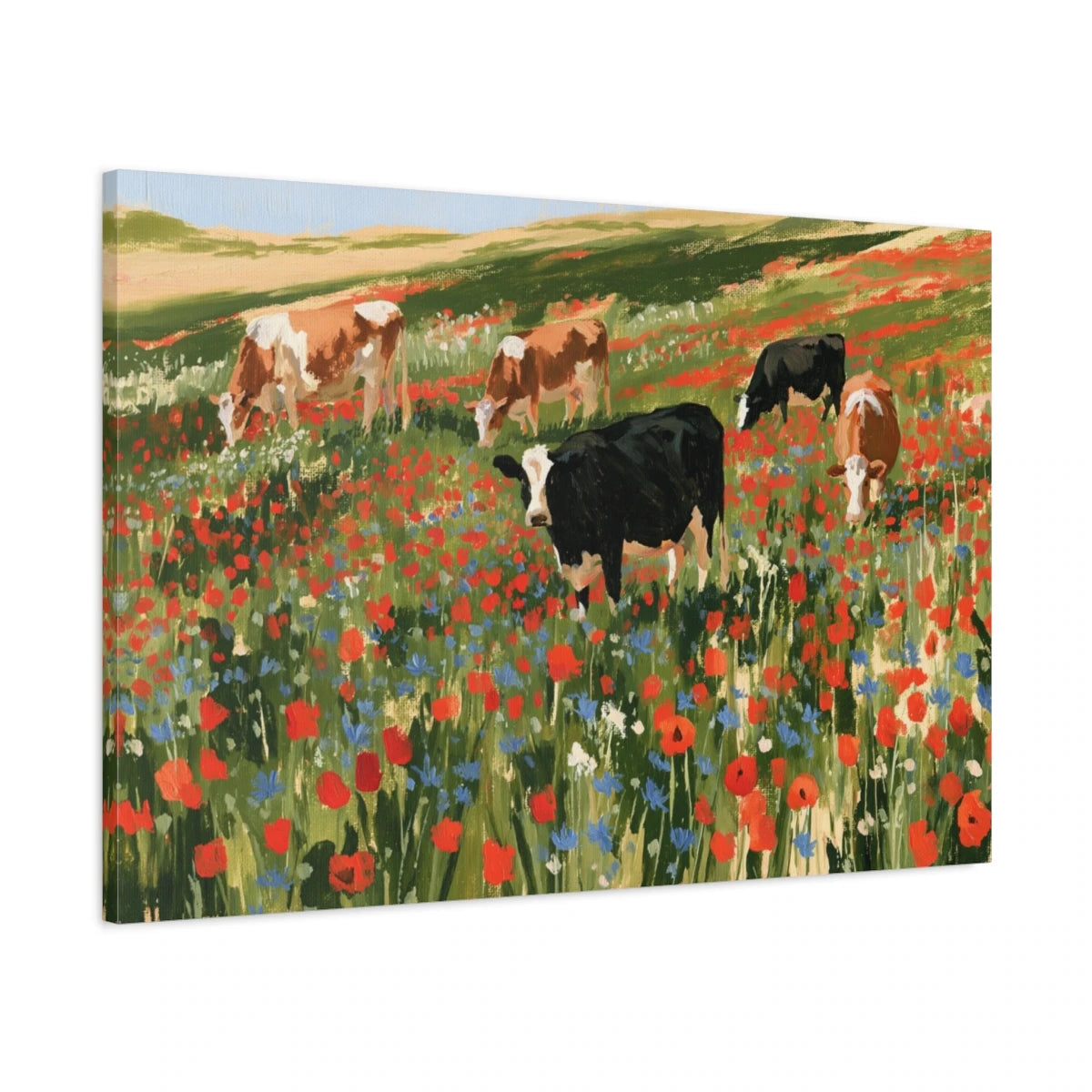 Tableau Vaches dans une Prairie Fleurie, vue latérale de la toile avec bords imprimés - Art Virtuoso