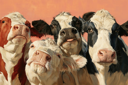 Tableau Vaches Rigolotes Photomaton, quatre têtes de vaches aux expressions différentes rassemblées dans un cadrage panoramique, format L - Art Virtuoso