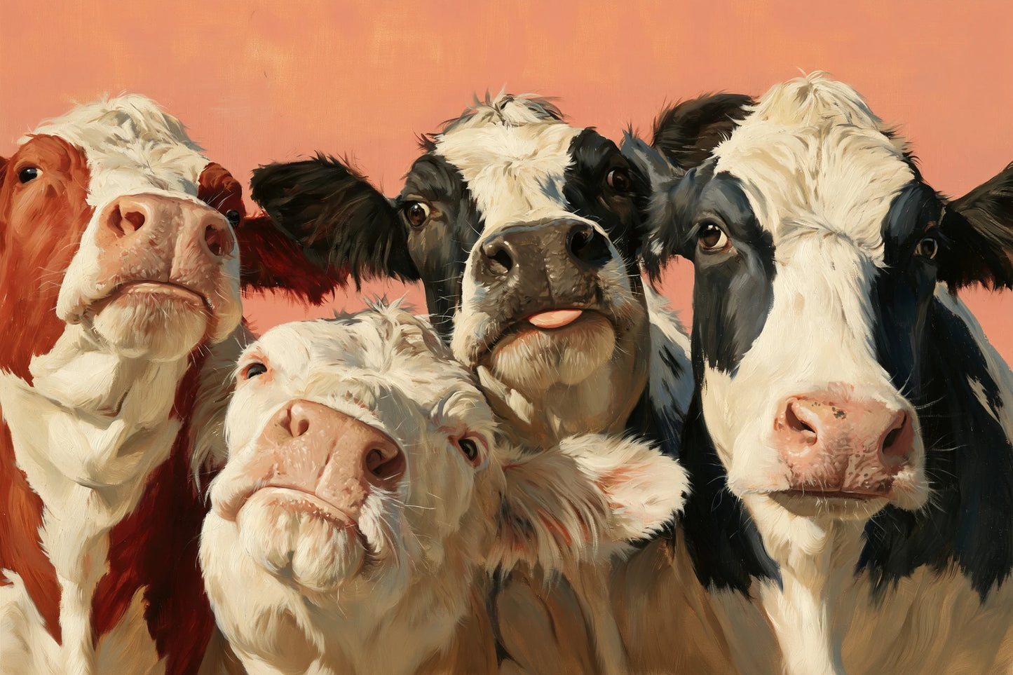 Tableau Vaches Rigolotes Photomaton, quatre têtes de vaches aux expressions différentes rassemblées dans un cadrage panoramique, format M - Art Virtuoso