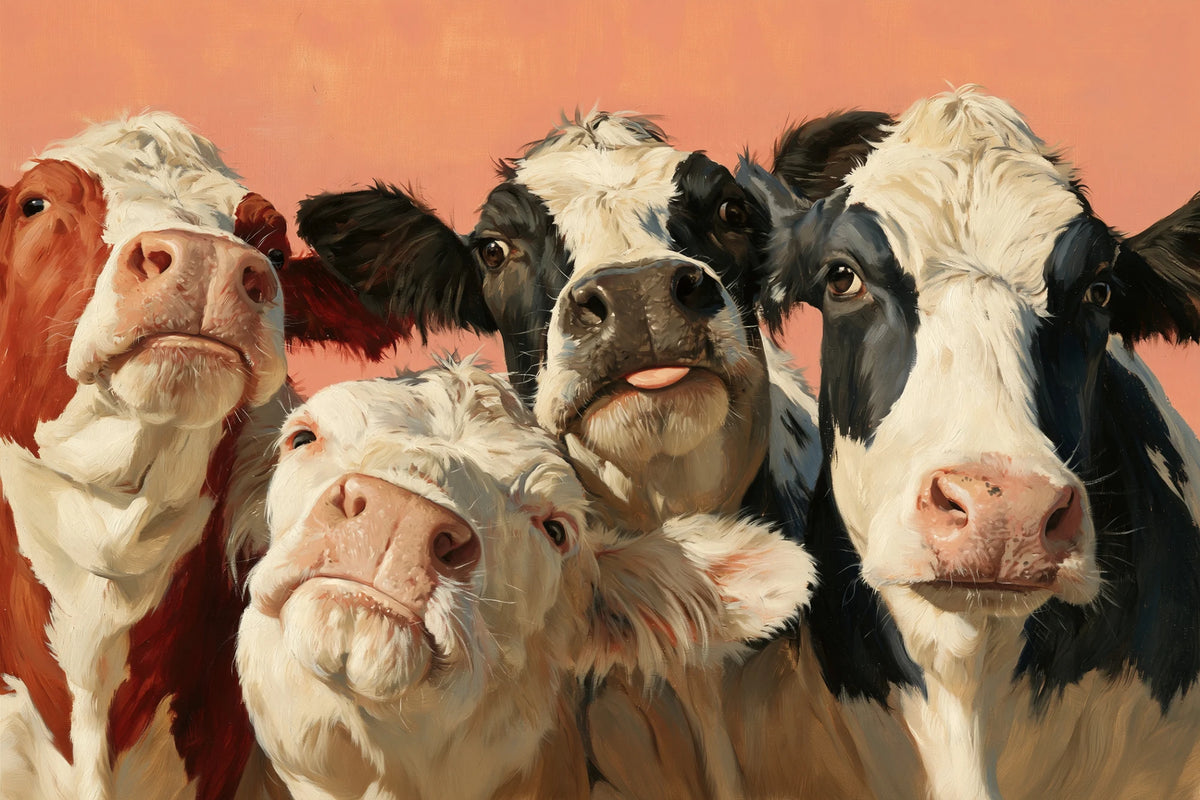 Tableau Vaches Rigolotes Photomaton, quatre têtes de vaches aux expressions différentes rassemblées dans un cadrage panoramique, format S - Art Virtuoso