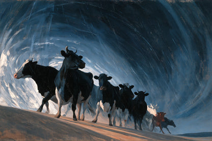 Tableau Vaches sous la Pluie, troupeau en mouvement sous une averse nocturne et graphique, format L - Art Virtuoso