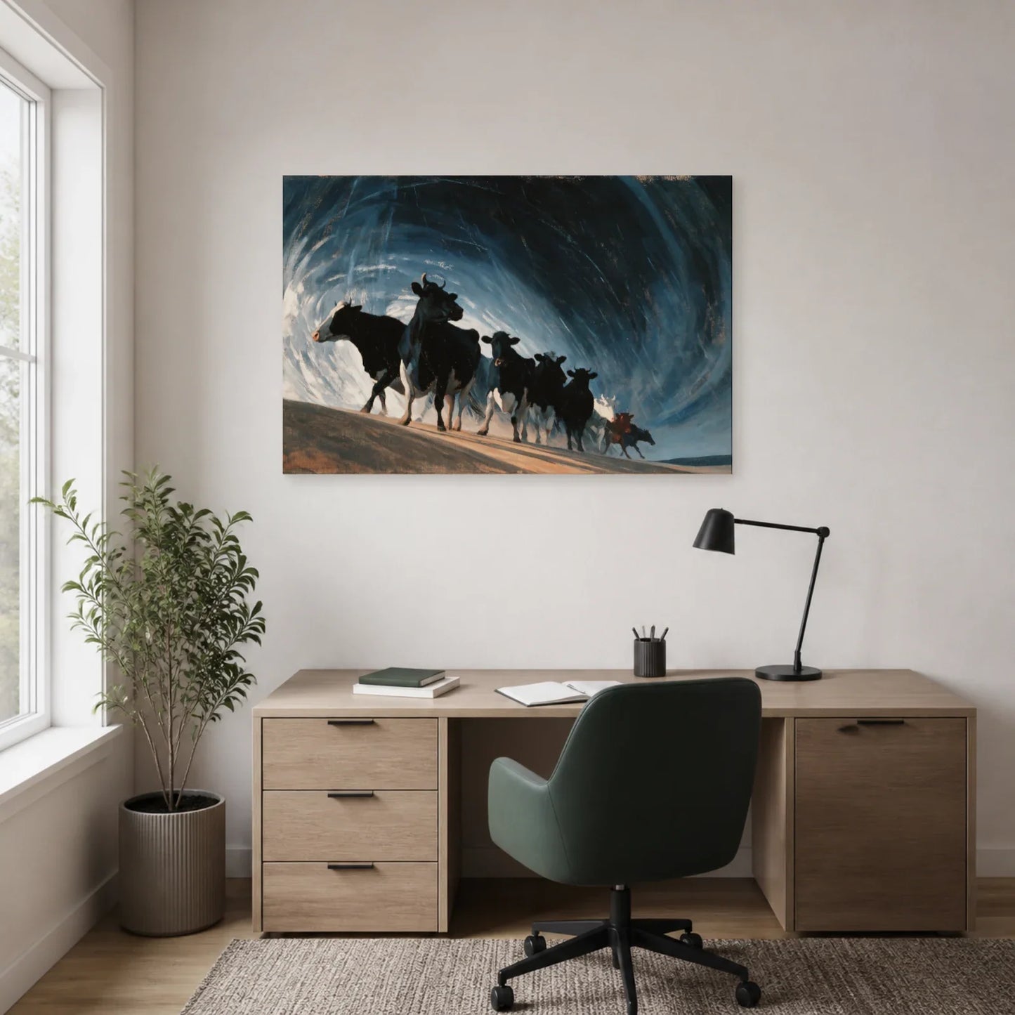 Tableau Vaches sous la Pluie présenté dans un bureau - Art Virtuoso