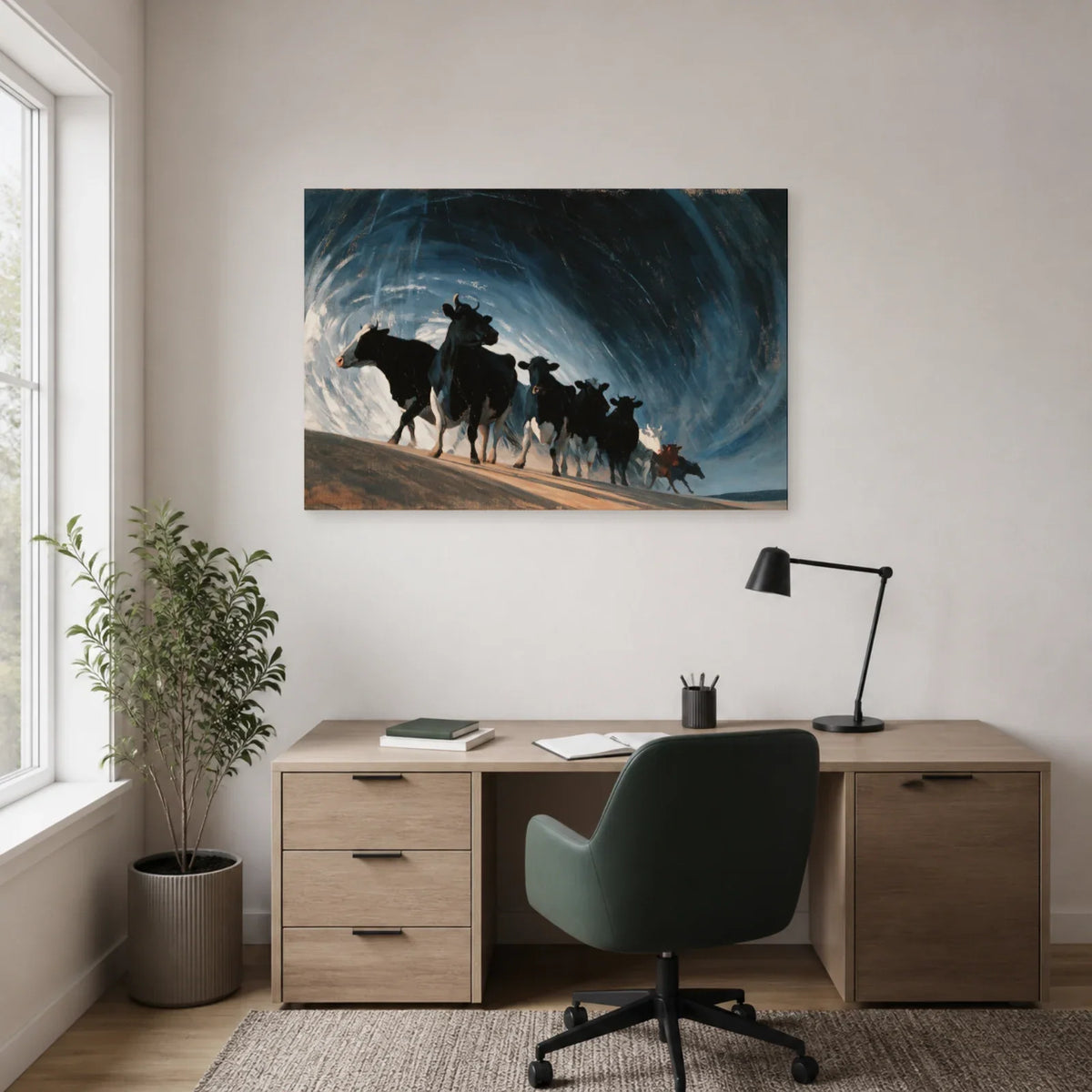 Tableau Vaches sous la Pluie présenté dans un bureau - Art Virtuoso