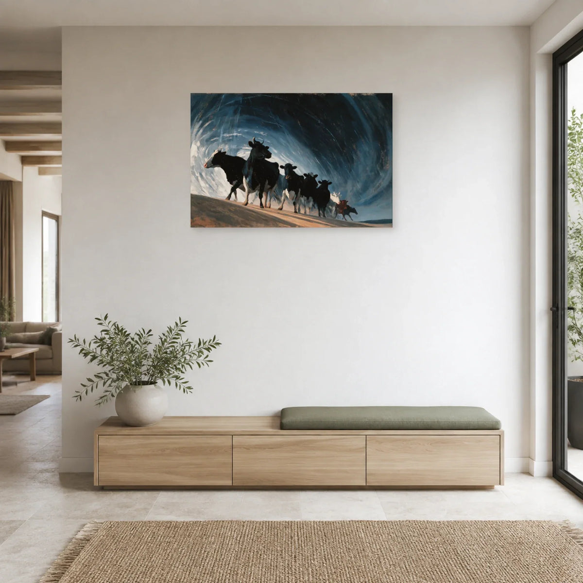 Tableau Vaches sous la Pluie présenté dans une entrée - Art Virtuoso