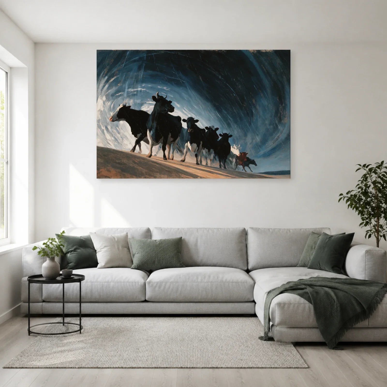 Tableau Vaches sous la Pluie présenté dans un salon - Art Virtuoso