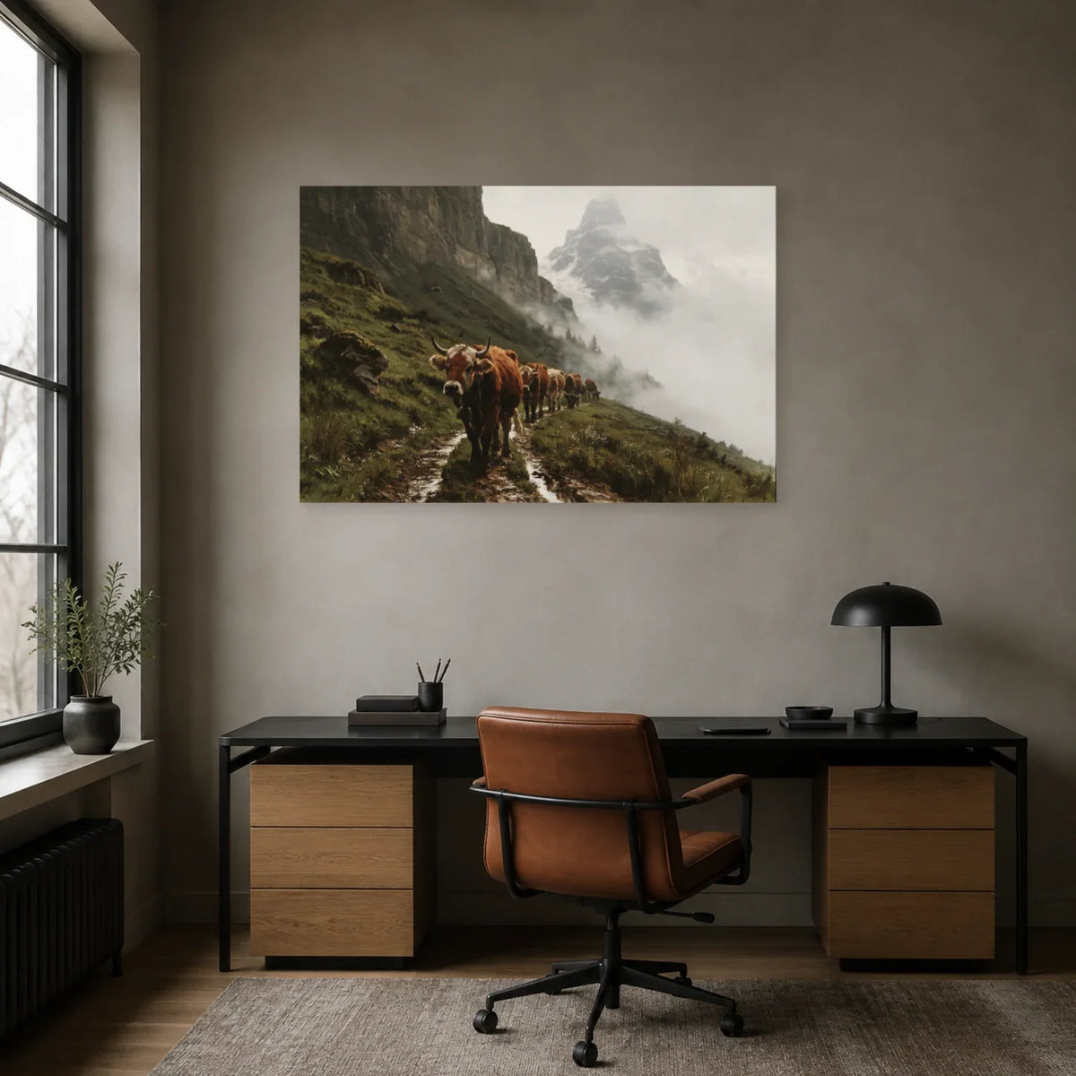 Tableau Vaches Tarentaises dans la Brume présenté dans un bureau - Art Virtuoso