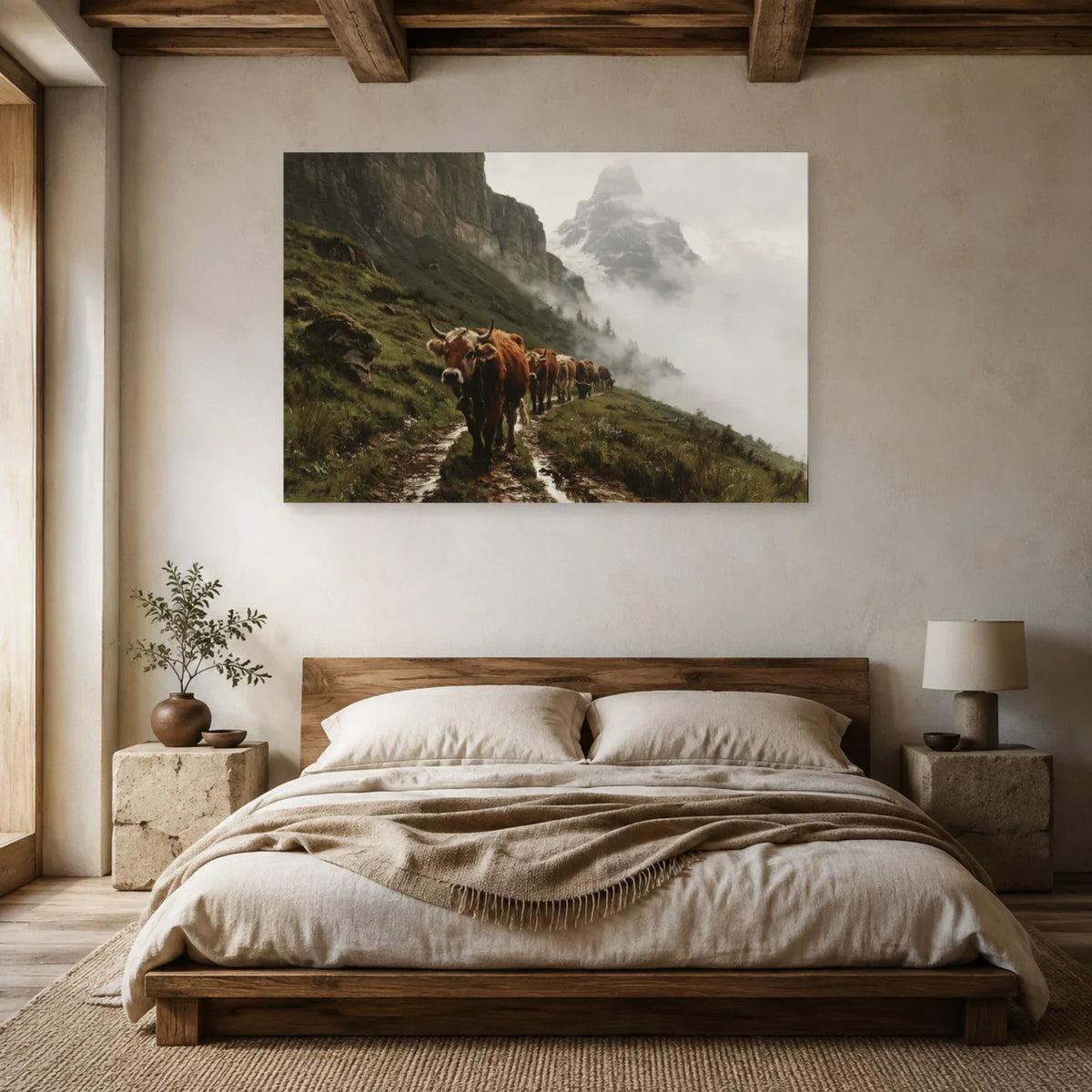 Tableau Vaches Tarentaises dans la Brume présenté dans une chambre - Art Virtuoso
